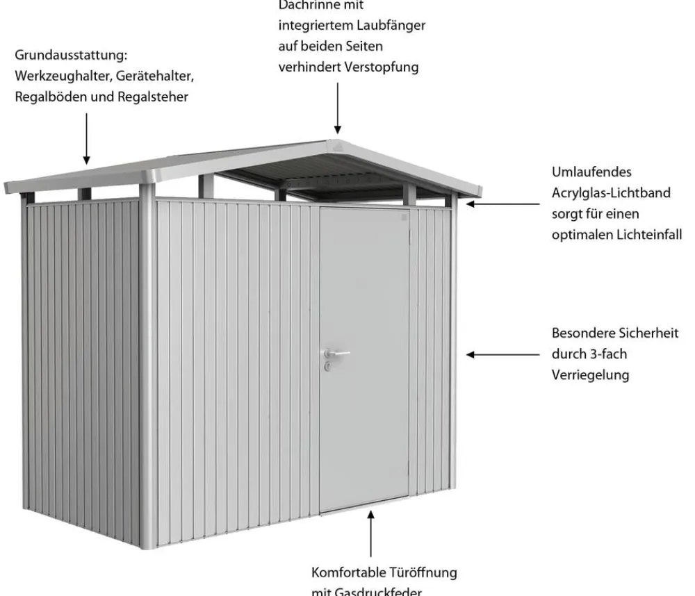 biohort Metallgerätehaus Panorama® P1, ca. B273/H227/T158 cm Silber Sale
