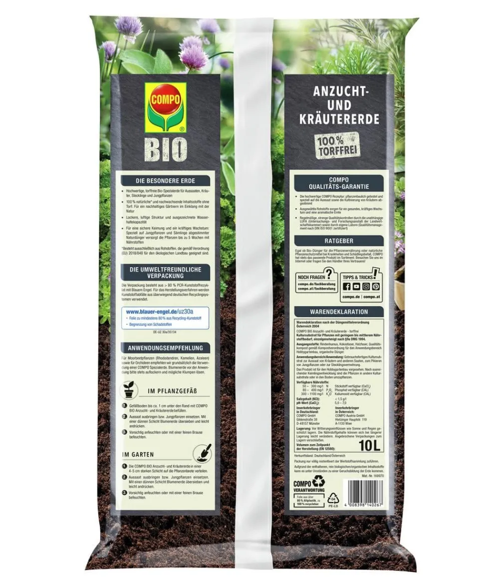 Compo Spezialerde > BIO Anzucht- und Kräutererde torffrei, 10 l