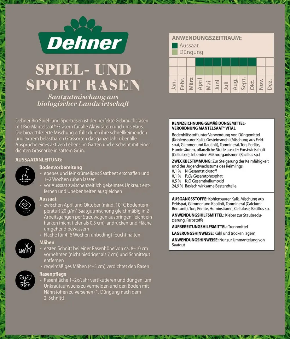 Dehner Bio Rasensamen - Saatgut Spiel- und Sportrasen, 500 g