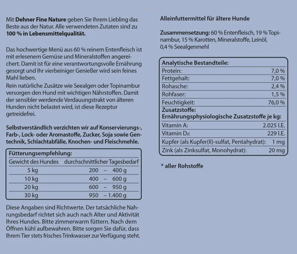 Dehner Fine Nature Nassfutter Hund > Nassfutter für Hunde Senior, Ente mit Topinambur & Karotten
