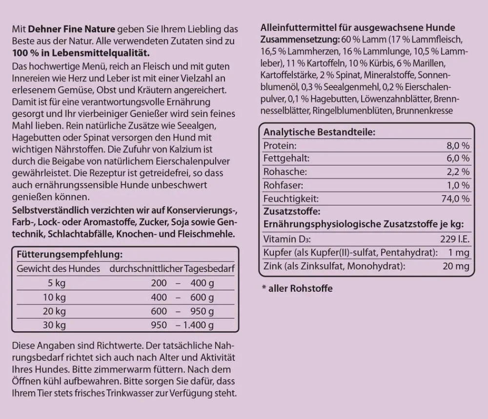 Dehner Fine Nature Nassfutter für Hunde Adult, Lamm mit Kartoffeln, Kürbis & Spinat Outlet