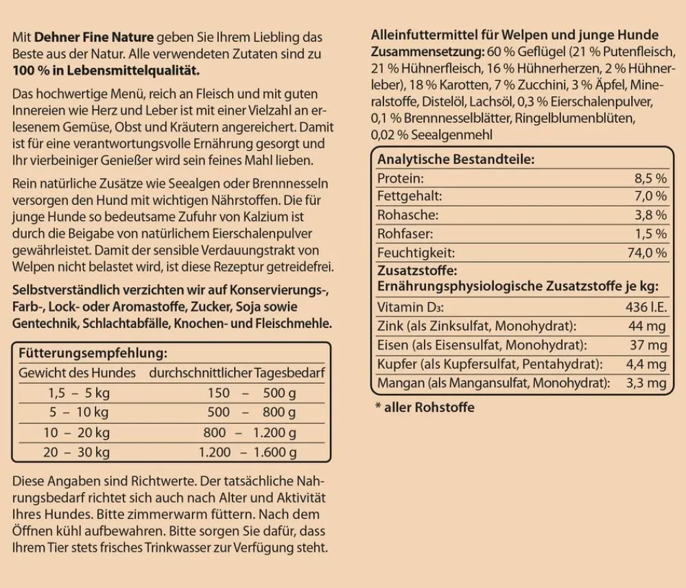 Dehner Fine Nature Nassfutter Hund > Nassfutter für Hunde Junior, Geflügel mit Zucchini, Apfel & Eierschalenpulver