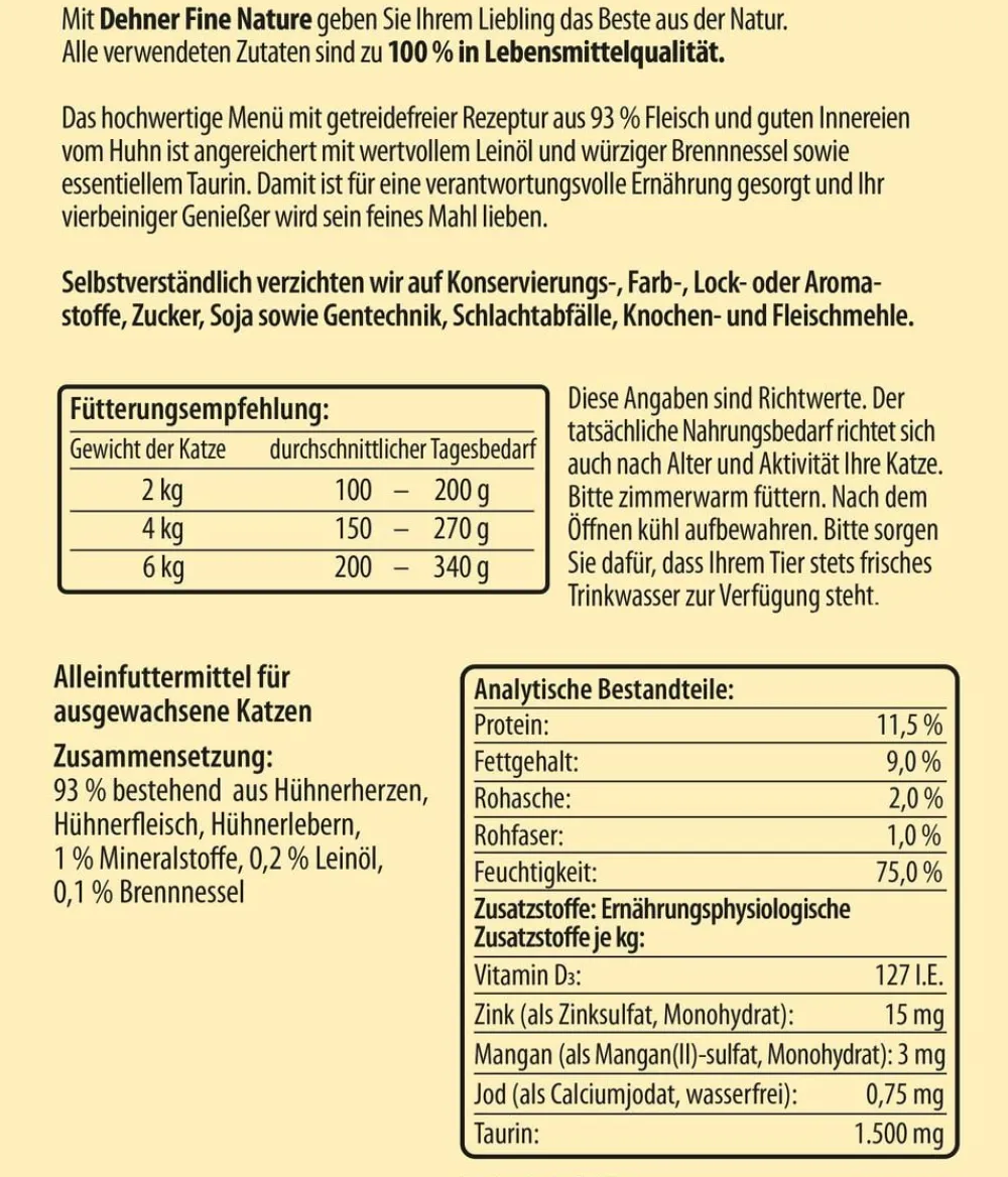 Dehner Fine Nature Nassfutter Katze > Nassfutter für Katzen Adult, Huhn mit Leinöl & Brennnessel