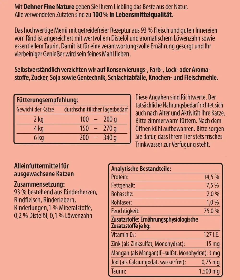 Dehner Fine Nature Nassfutter für Katzen Adult, Rind mit Distelöl & Löwenzahn