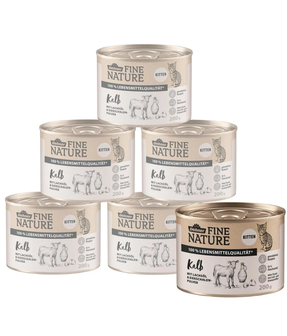 Dehner Fine Nature Nassfutter Katze - Nassfutter für Katzen Kitten, Kalb mit Lachsöl & Eierschalenpulver