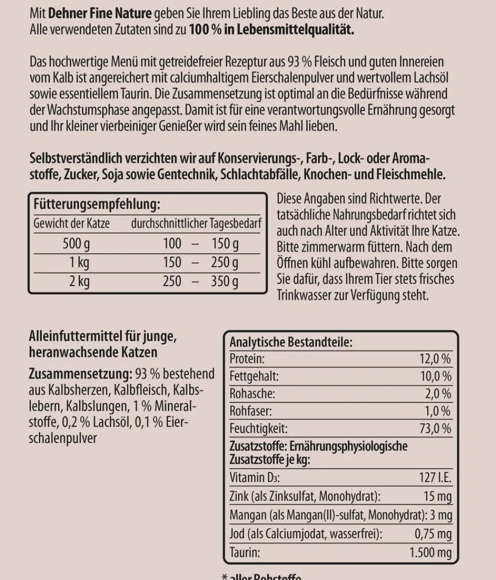 Dehner Fine Nature Nassfutter Katze - Nassfutter für Katzen Kitten, Kalb mit Lachsöl & Eierschalenpulver