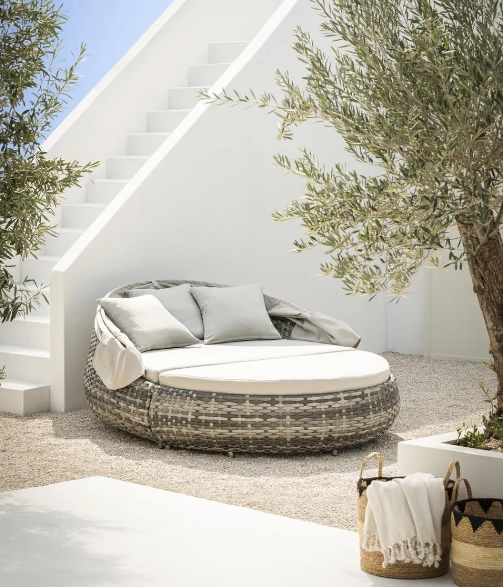 Dehner Loungemöbel|Sonneninseln > Gartenmöbel Daybed Tulum, mit Faltdach und Polstern, 179 x 163 x 220 cm (B/H/T), Liegefläche 146 x 179 cm, Aluminium / Polyester / Kunststoffgeflecht,
