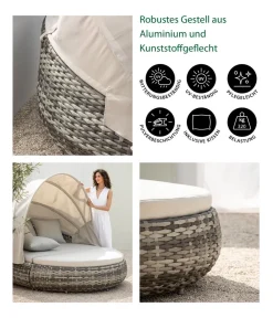 Dehner Loungemöbel|Sonneninseln > Gartenmöbel Daybed Tulum, mit Faltdach und Polstern, 179 x 163 x 220 cm (B/H/T), Liegefläche 146 x 179 cm, Aluminium / Polyester / Kunststoffgeflecht,