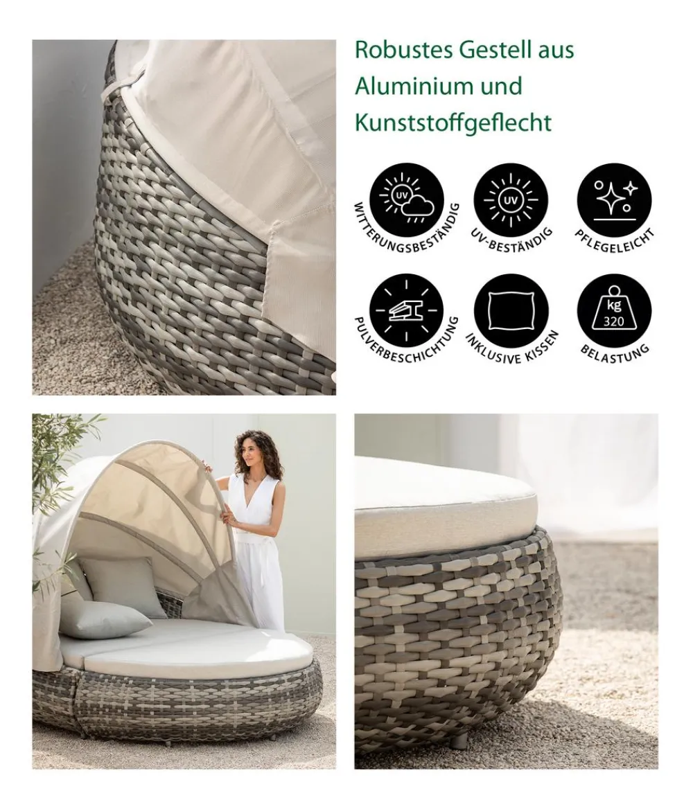 Dehner Loungemöbel|Sonneninseln > Gartenmöbel Daybed Tulum, mit Faltdach und Polstern, 179 x 163 x 220 cm (B/H/T), Liegefläche 146 x 179 cm, Aluminium / Polyester / Kunststoffgeflecht,