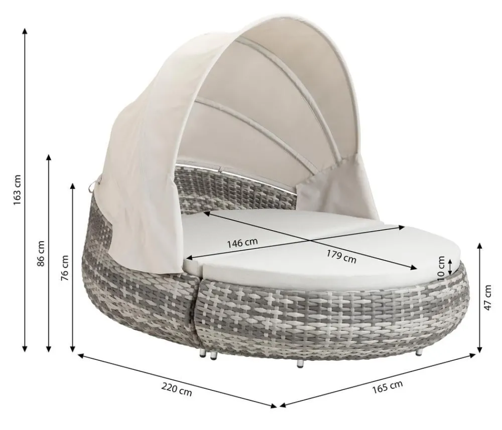 Dehner Loungemöbel|Sonneninseln > Gartenmöbel Daybed Tulum, mit Faltdach und Polstern, 179 x 163 x 220 cm (B/H/T), Liegefläche 146 x 179 cm, Aluminium / Polyester / Kunststoffgeflecht,