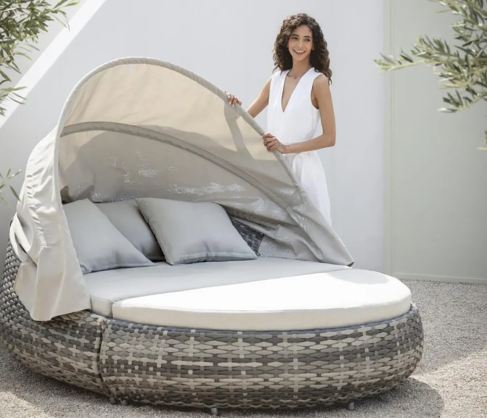 Dehner Loungemöbel|Sonneninseln > Gartenmöbel Daybed Tulum, mit Faltdach und Polstern, 179 x 163 x 220 cm (B/H/T), Liegefläche 146 x 179 cm, Aluminium / Polyester / Kunststoffgeflecht,
