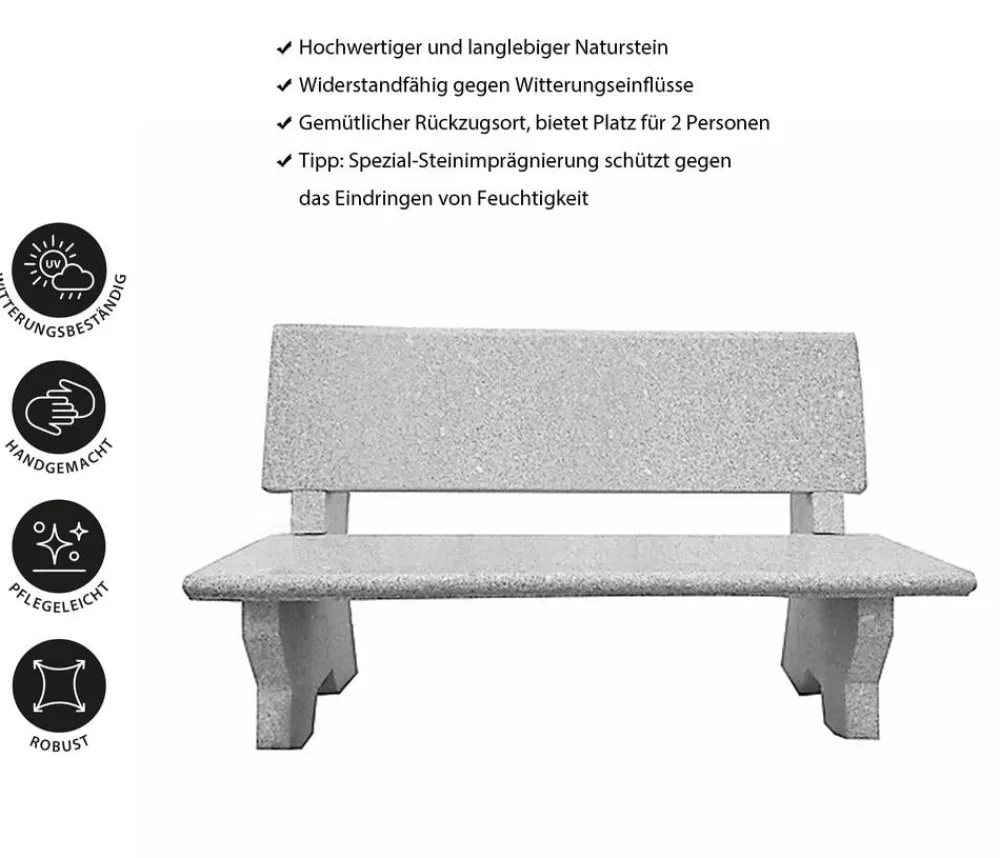 Dehner 2-Sitzer Gartenbänke|Gartenbänke Stein - Granit-Gartenbank, , ca. B120/H75/T50 cm Grau