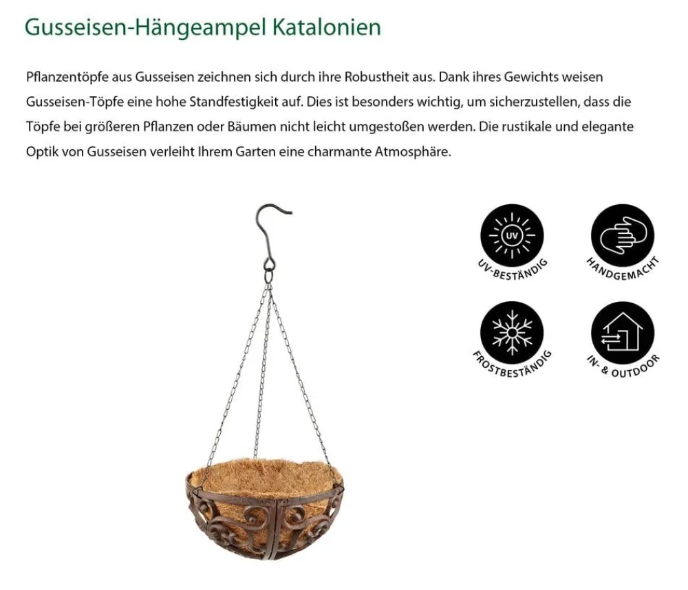 Dehner Blumenampeln & -Schalen > Gusseisen-Hängeampel Katalonien mit Kokoseinlage, rund, rost, ca. Ø30/H15 cm
