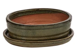 Dehner Bonsaischalen|Blumenampeln & -Schalen - Keramik-Bonsaischale, oval, ca. B15/H4,5/T12 cm Grün