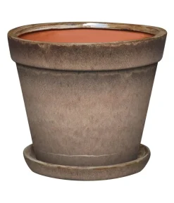 Dehner Keramik-Pflanztopf Leoni inkl. Untersetzer, konisch, ca. Ø15,5/H13 cm Braun New