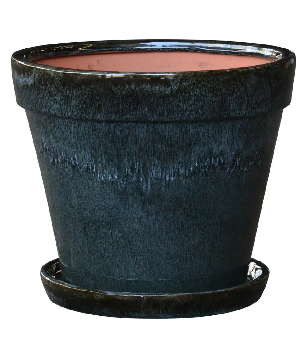 Dehner Keramik-Pflanztopf Leoni inkl. Untersetzer, konisch, ca. Ø15,5/H13 cm Schwarz Discount