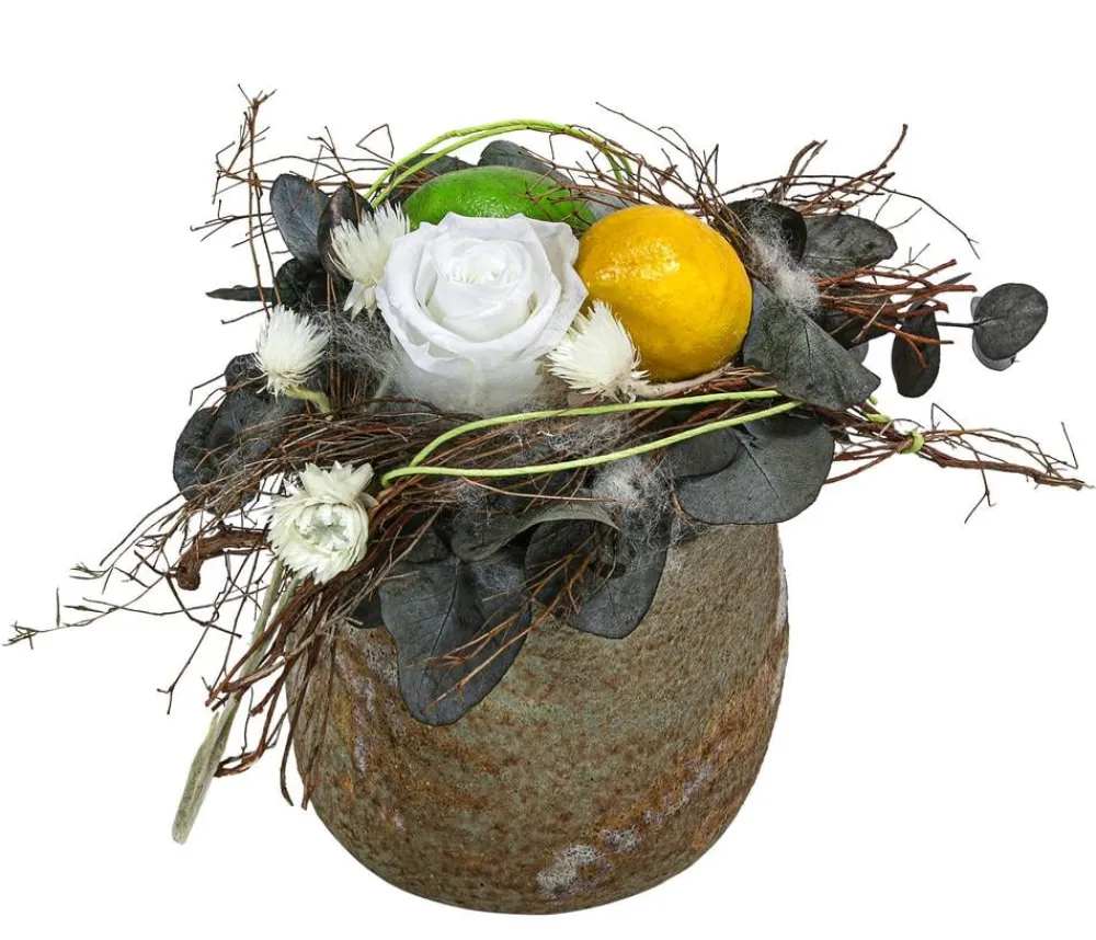 Dehner Konservierte Rosen - Keramik-Schale mit Longlife-Rose Limoncello, ca. Ø16/H25 cm