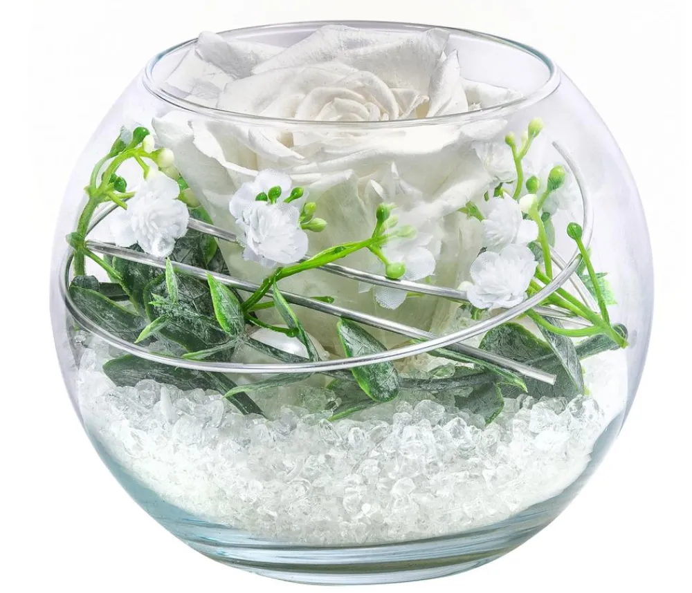 Dehner Konservierte Rosen - Kugelglas mit Longlife-Rose Abby, ca. Ø10 cm Weiß