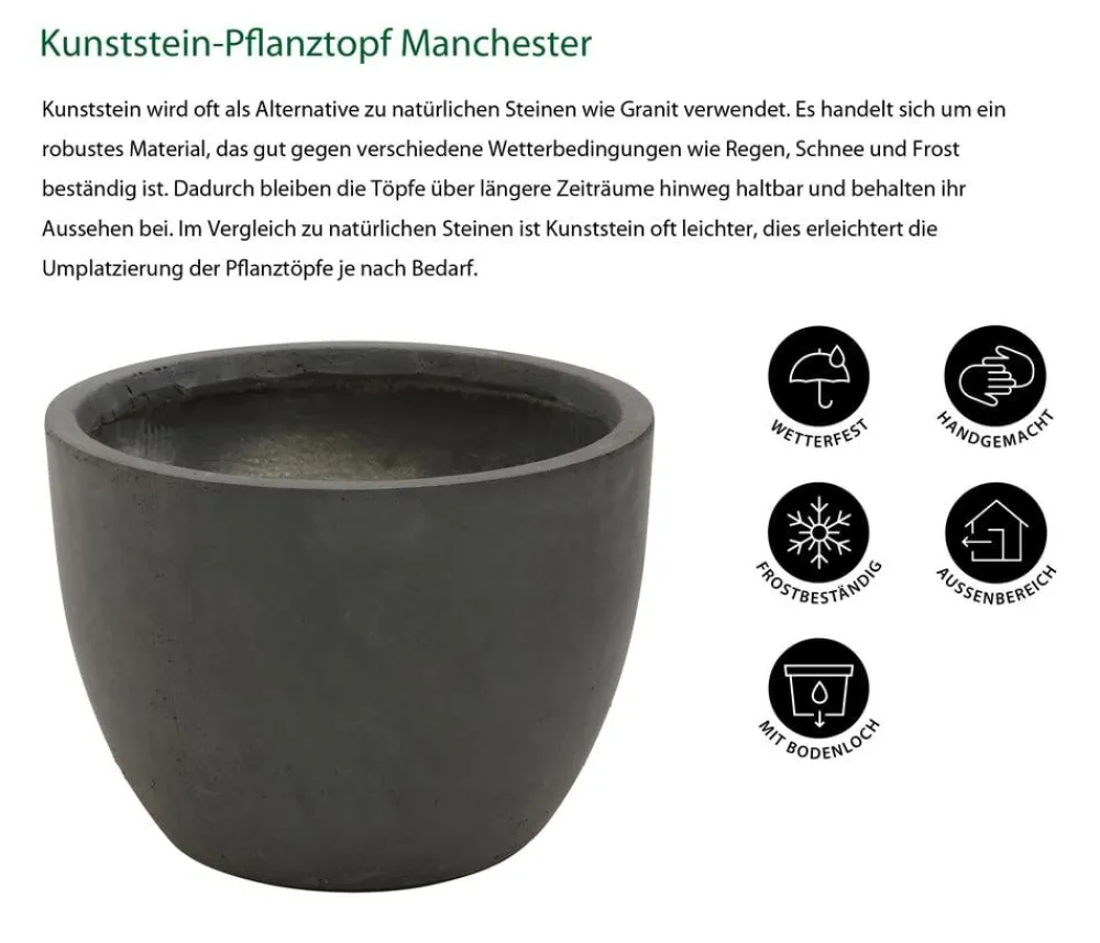 Dehner Blumentöpfe & Übertöpfe > Kunststein-Pflanztopf Manchester, rund, antik-schwarz