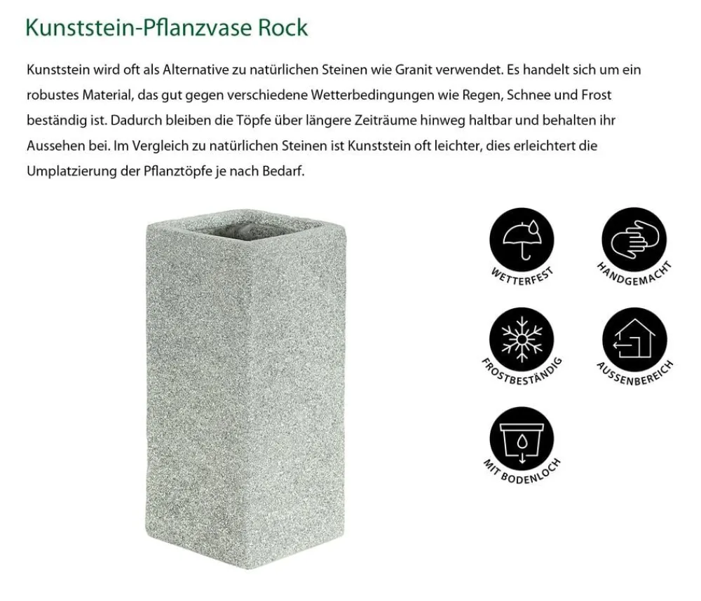 Dehner Kunststein-Pflanzvase Rock, quadratisch, grau Hellgrau Discount