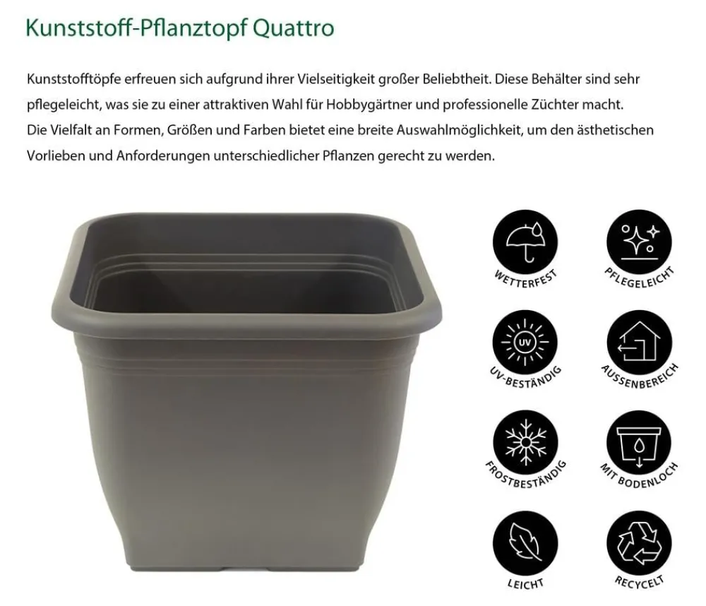 Dehner Kunststoff-Pflanztopf Quattro, eckig Dunkelgrau