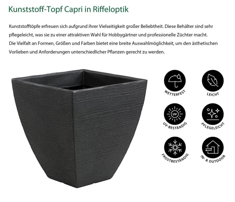 Dehner Blumentöpfe & Übertöpfe - Kunststoff-Topf Capri in Riffeloptik, konisch, anthrazit, ca. B40/H42/T40 cm Dunkelgrau