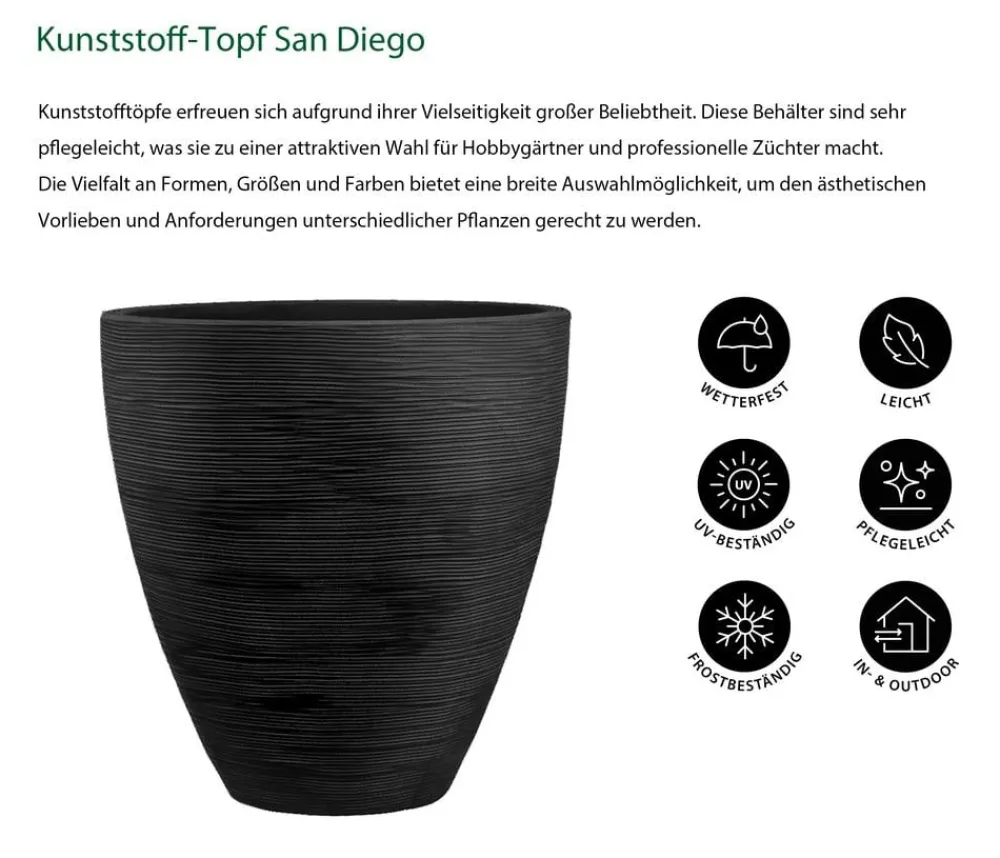 Dehner Blumentöpfe & Übertöpfe - Kunststoff-Topf San Diego, konisch, anthrazit Dunkelgrau