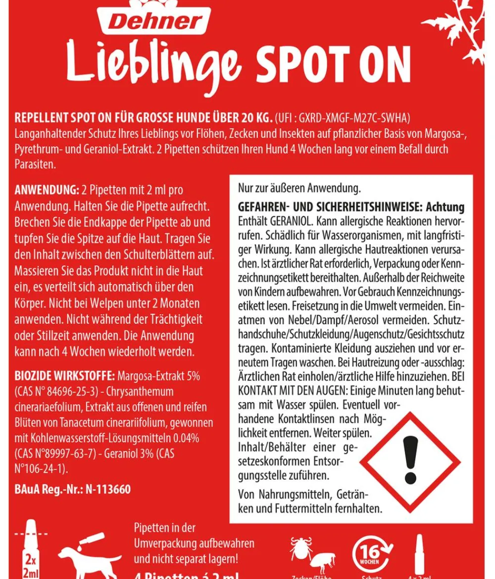 Dehner Lieblinge Floh- und Zeckenschutz Spot On für große Hunde, 4 x 2 ml Discount