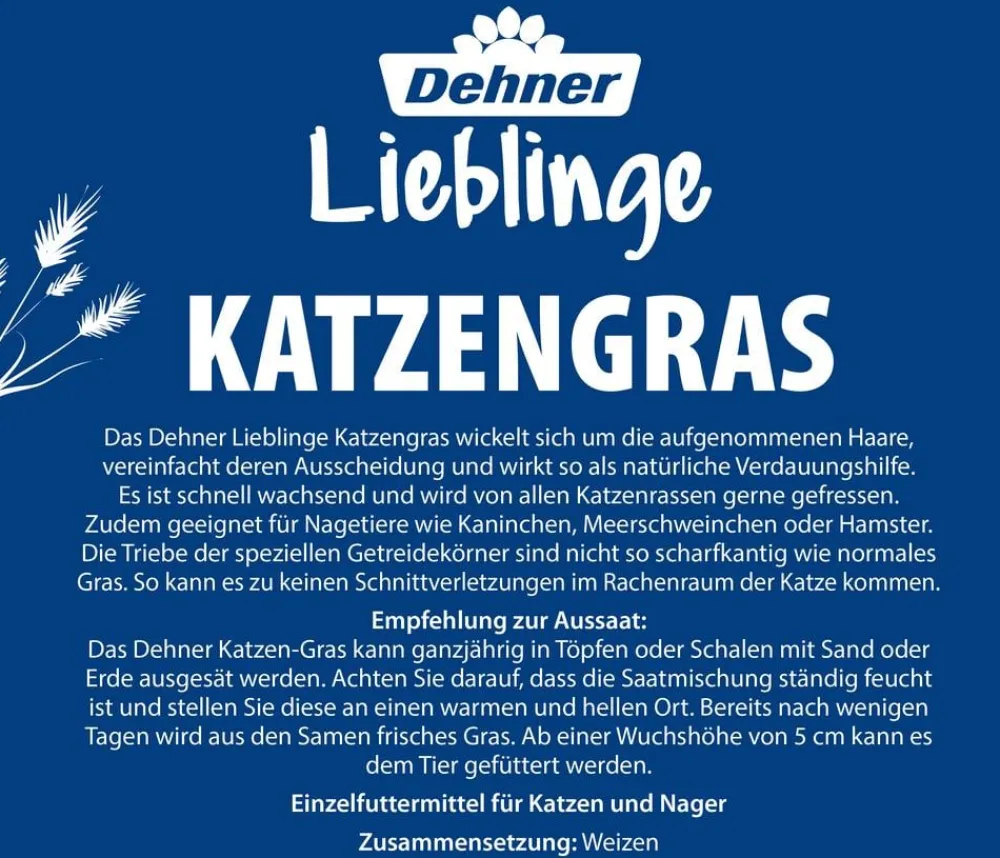 Dehner Lieblinge Katzenleckerlies & Getränke|Nahrungsergänzung Katze - Katzengras Saatgut, 100 g