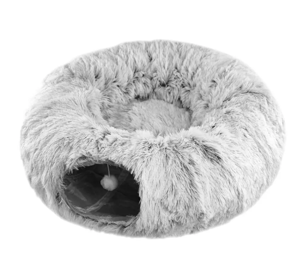 Dehner Lieblinge Katzenspielzeug|Katzenbetten & Katzenkissen - Kuscheltunnel 2 in 1 Gamble & Relax, ca. Ø85/H25 cm Grau