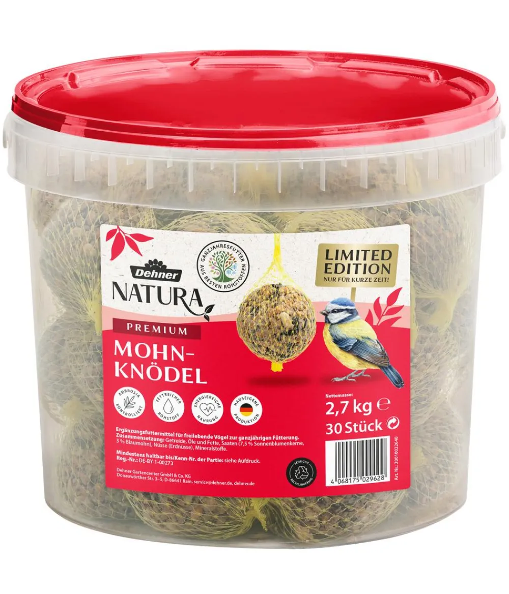 Dehner Natura Premium Meisenknödel - Wildvogelfutter Mohn-Meisenknödel im Eimer, mit Netz, 30 Stk.
