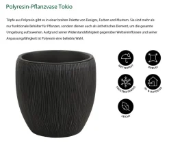 Dehner Polyresin-Pflanzvase Tokio in Riffeloptik, rund, grau Dunkelgrau Clearance