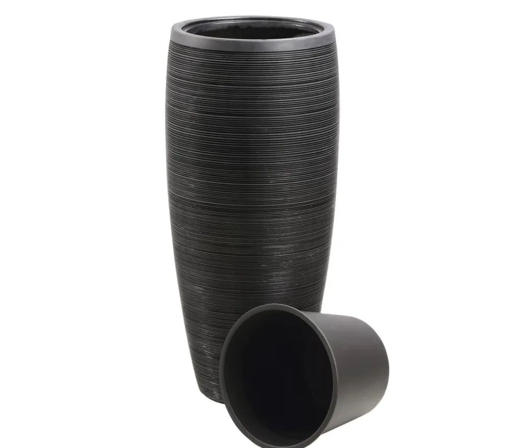 Dehner Blumentöpfe & Übertöpfe - Polystone-Pflanzvase Singapur in Riffeloptik, rund, anthrazit Dunkelgrau