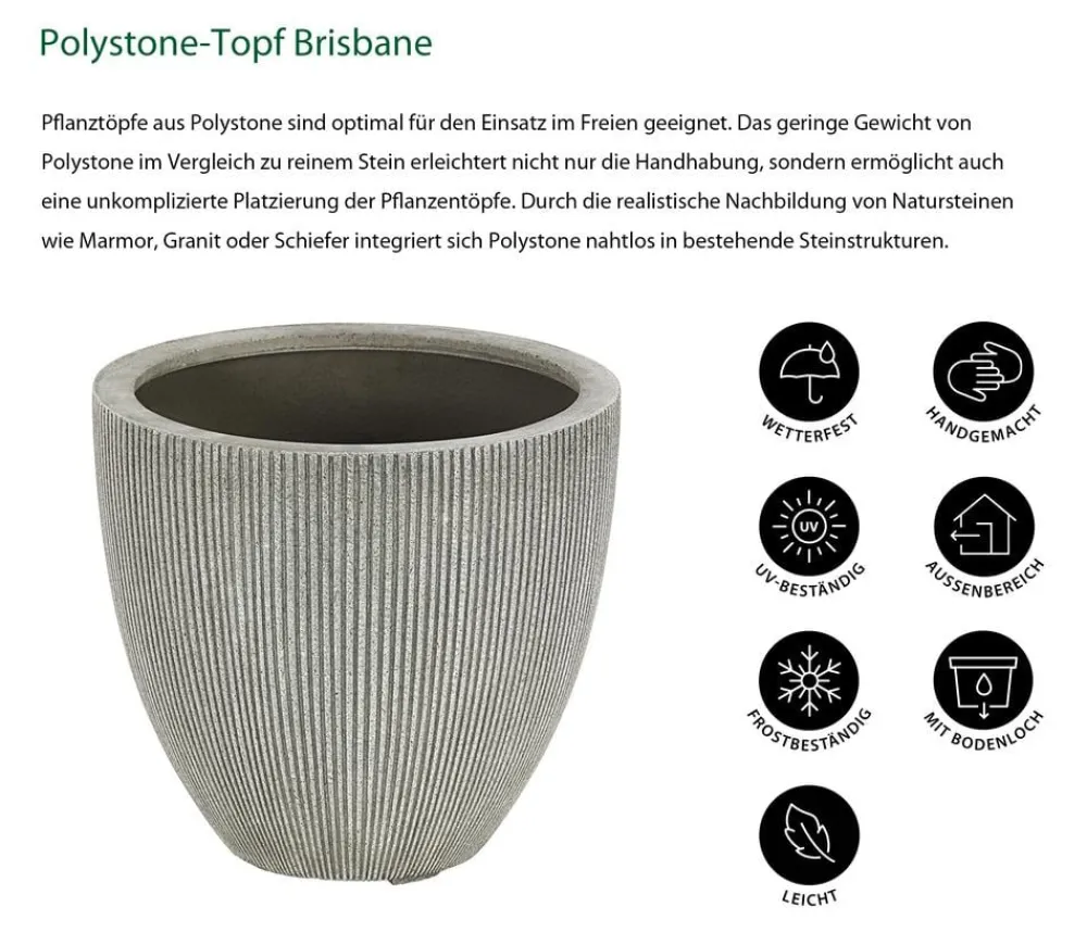 Dehner Blumentöpfe & Übertöpfe - Polystone-Topf Brisbane in Riffeloptik, rund Dunkelgrau