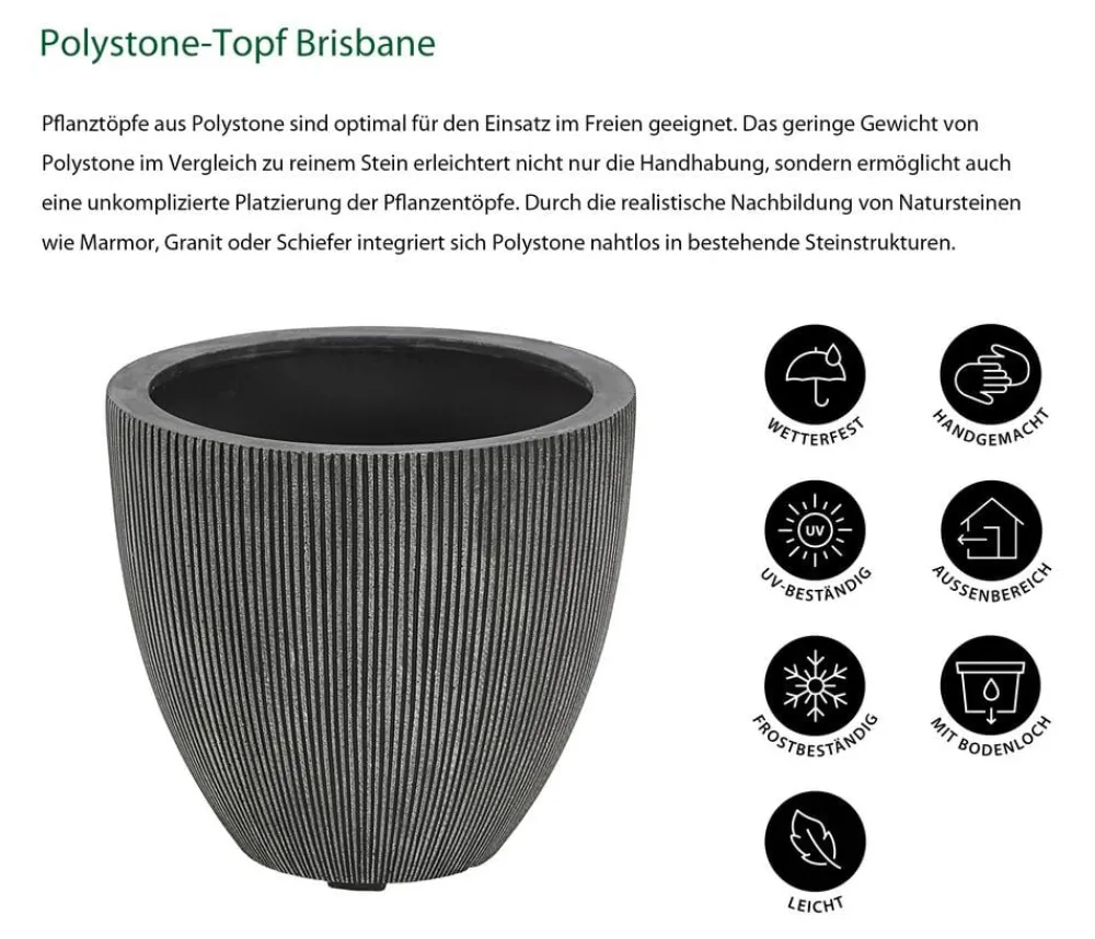 Dehner Blumentöpfe & Übertöpfe - Polystone-Topf Brisbane in Riffeloptik, rund Dunkelgrau