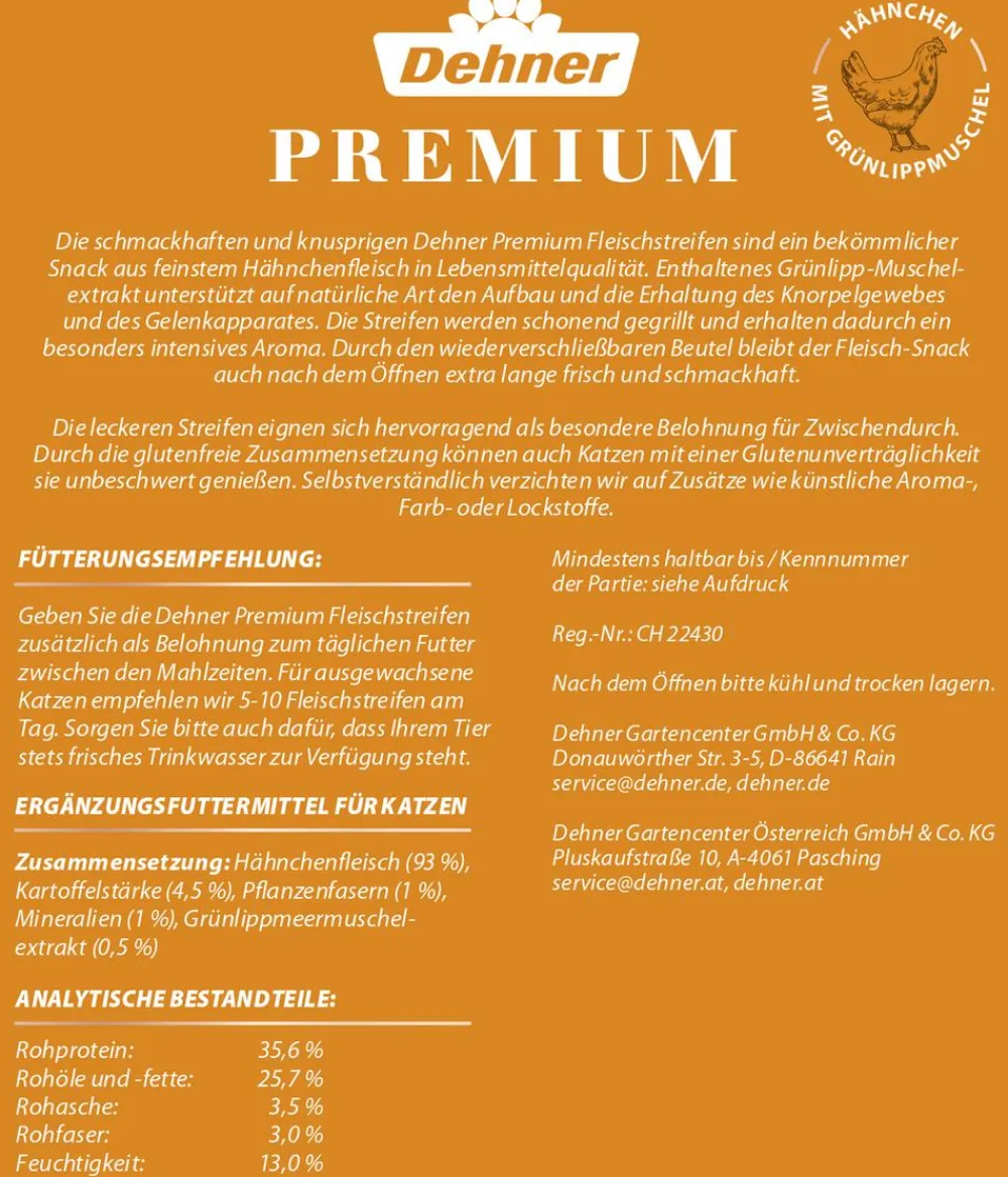Dehner Premium Katzenleckerlies & Getränke > Katzensnack Fleischstreifen, Hähnchen, 45 g