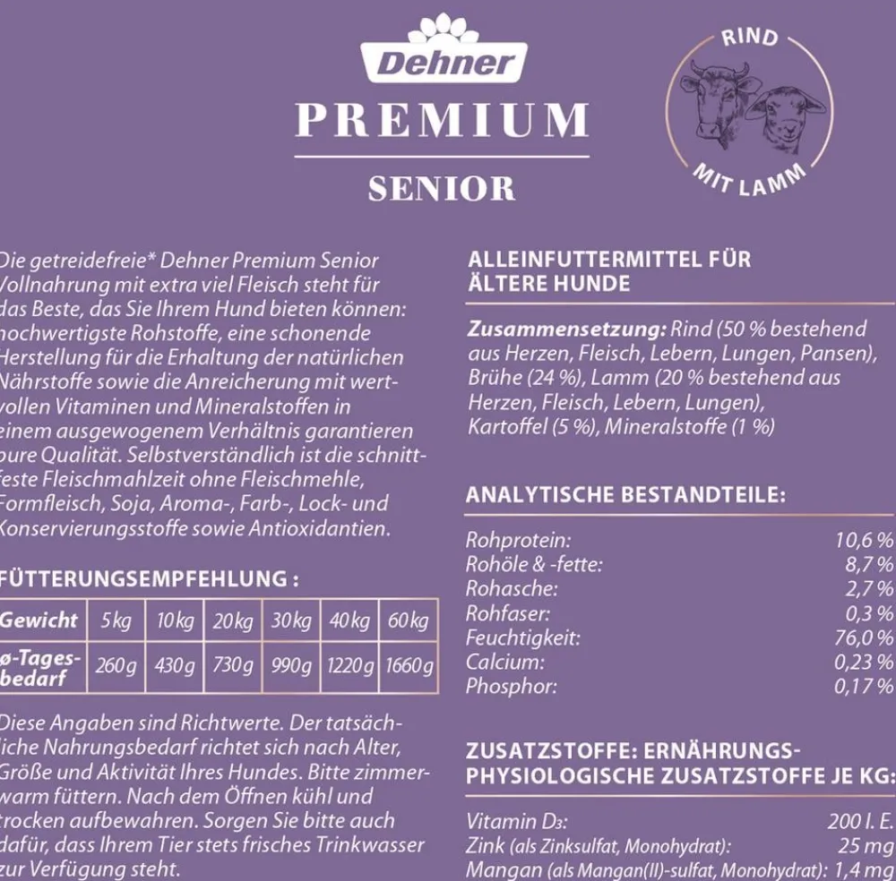 Dehner Premium Nassfutter Hund > Nassfutter für Hunde Senior, Rind mit Lamm