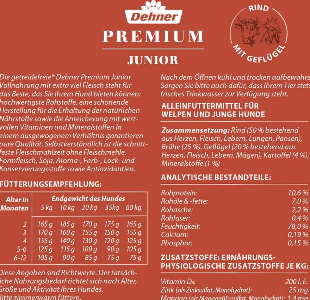 Dehner Premium Nassfutter Hund - Nassfutter für Hunde Junior, Rind mit Geflügel