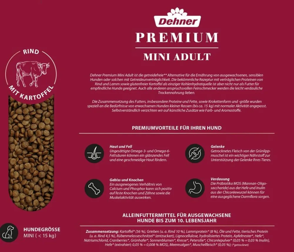 Dehner Premium Trockenfutter Hund > Trockenfutter für Hunde Mini Adult, Rind & Kartoffel