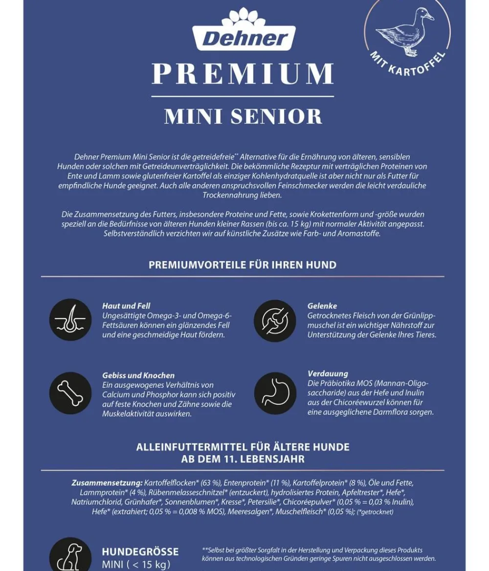 Dehner Premium Trockenfutter Hund - Trockenfutter für Hunde Mini Senior, Ente mit Kartoffel