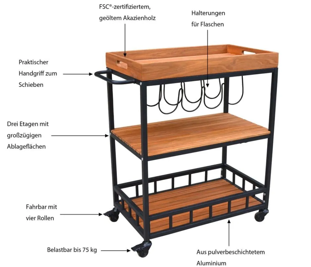 Dehner Gartentische Aluminium|Gartentische Holz > Servierwagen Liverpool, ca. B67/H84/T40 cm