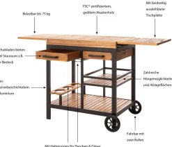 Dehner Gartentische Holz - Servierwagen Liverpool, ca. B75/150/H82/T52 cm