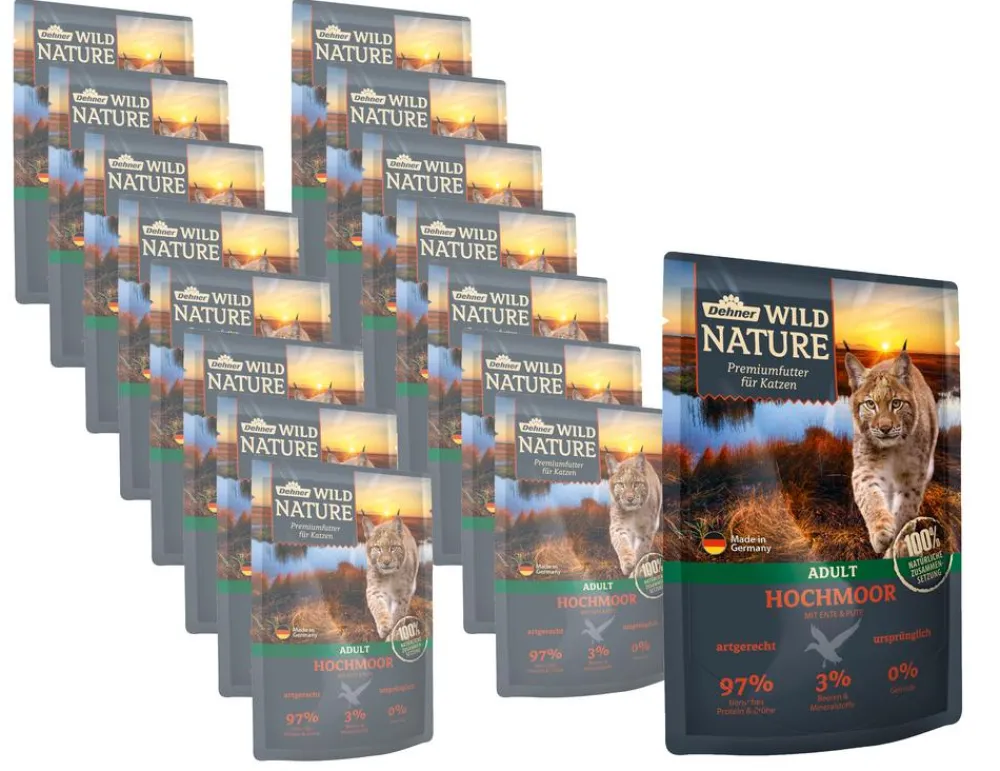 Dehner Wild Nature Nassfutter Katze - Nassfutter für Katzen Hochmoor Adult, Ente & Pute, 16 x 85 g