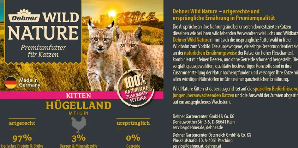 Dehner Wild Nature Nassfutter Katze > Nassfutter für Katzen Hügelland Kitten, Huhn, /400 g