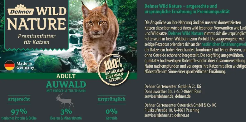 Dehner Wild Nature Nassfutter für Katzen Auwald Adult, Hirsch & Truthahn, /400 g Clearance