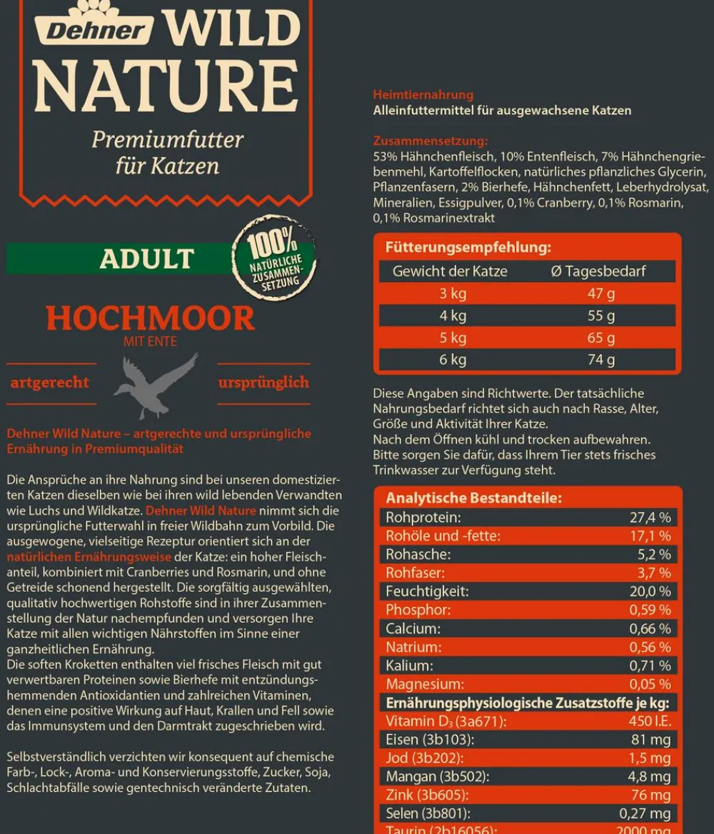 Dehner Wild Nature Trockenfutter Katze - Trockenfutter für Katzen Hochmoor Adult, Ente