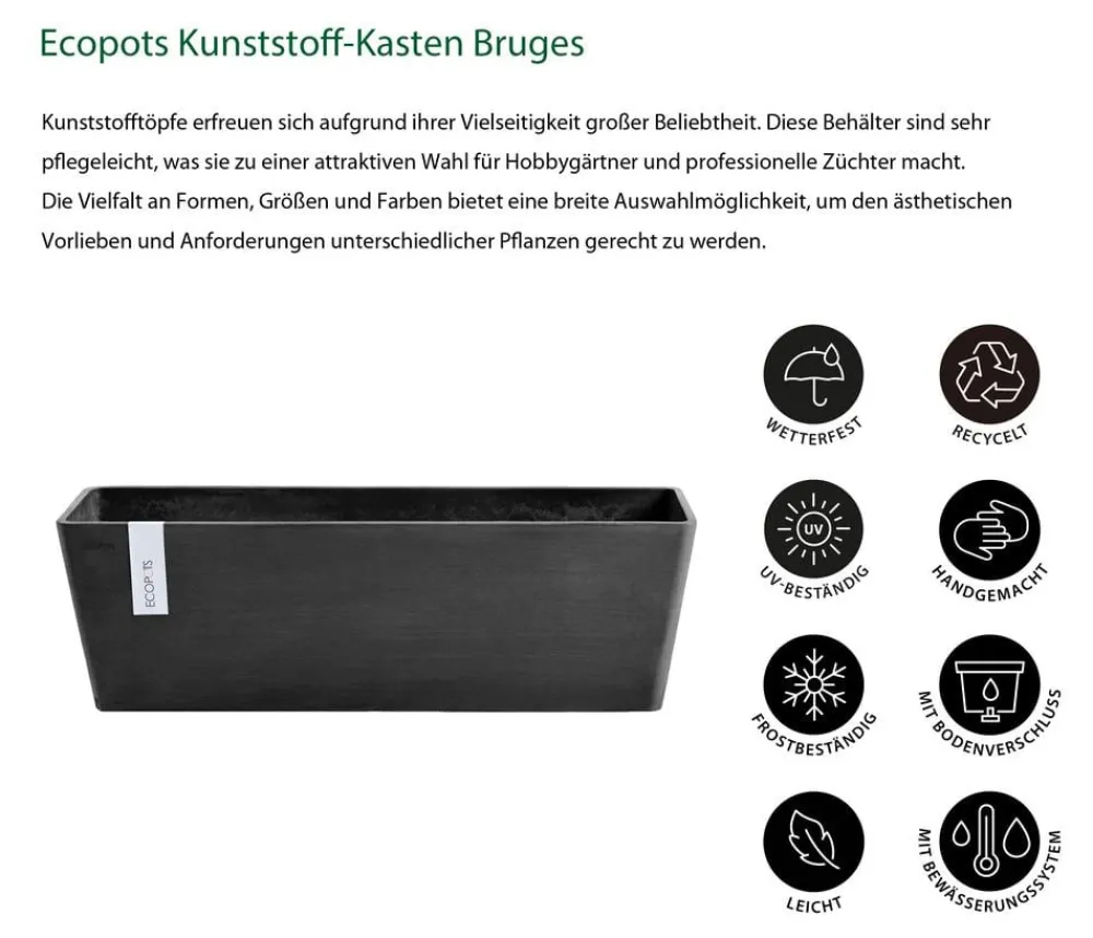 Ecopots Kunststoff-Kasten Bruges mit Wassersystem, rechteckig Dunkelgrau New