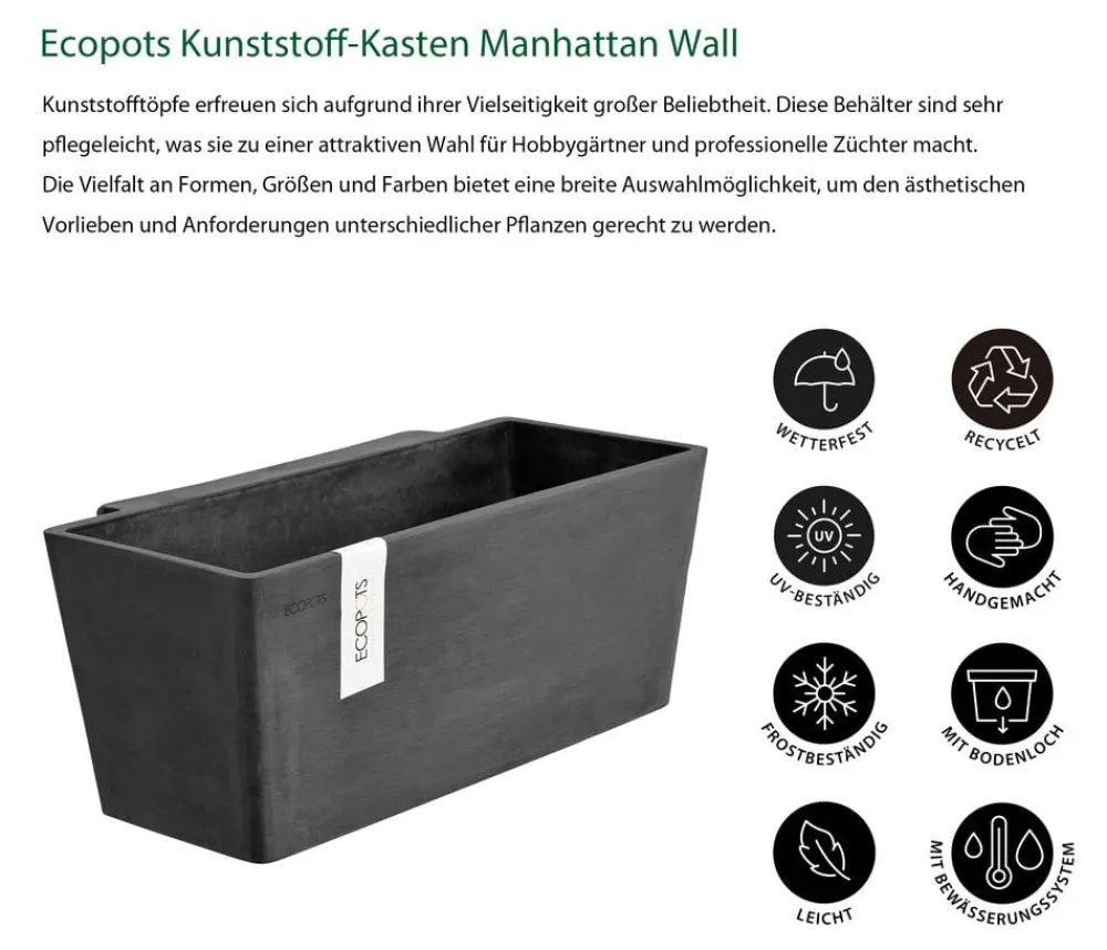 Ecopots Kunststoff-Kasten Manhattan Wall mit Wassersystem, rechteckig Dunkelgrau Sale
