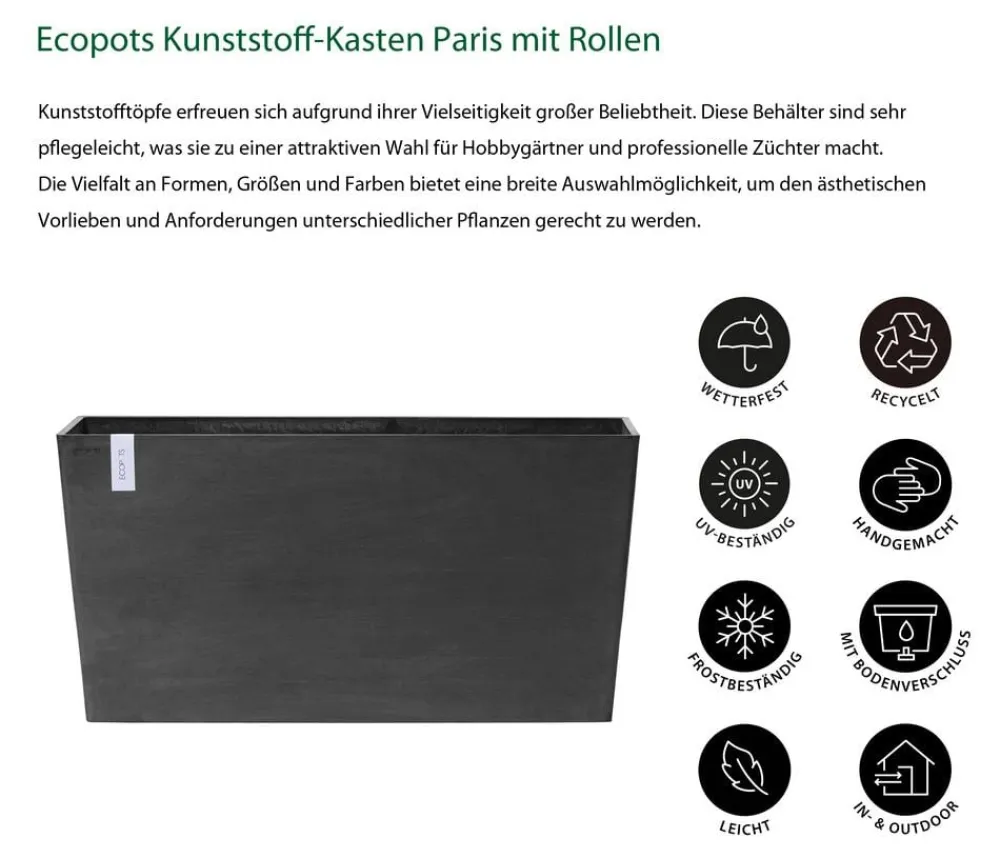 Ecopots Kunststoff-Kasten Paris mit Rollen, rechteckig Dunkelgrau Clearance