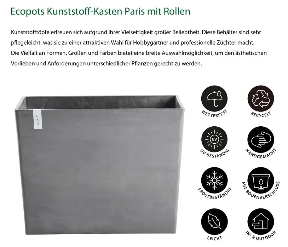 Ecopots Kunststoff-Kasten Paris mit Rollen, rechteckig Grau